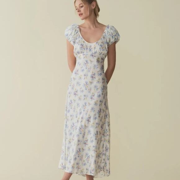 Doen Florencia Silk Ruched Short Sleeve Midi Maxi Dress Bleu Frolicking Floral - Picture 1 of 16